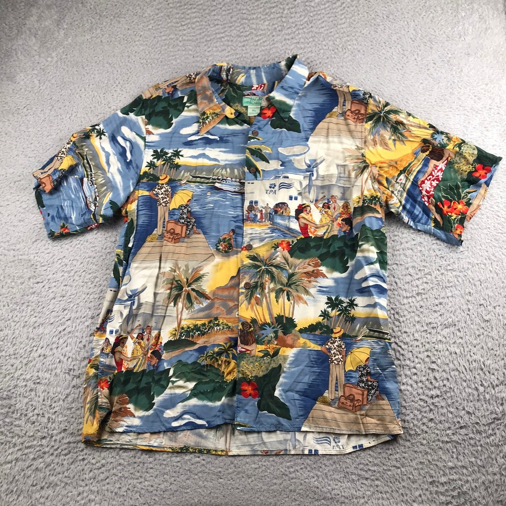 Reyn Spooner Shirt Mens XL Blue Hawaiian Scenic Spun Rayon Short TPA Airlines